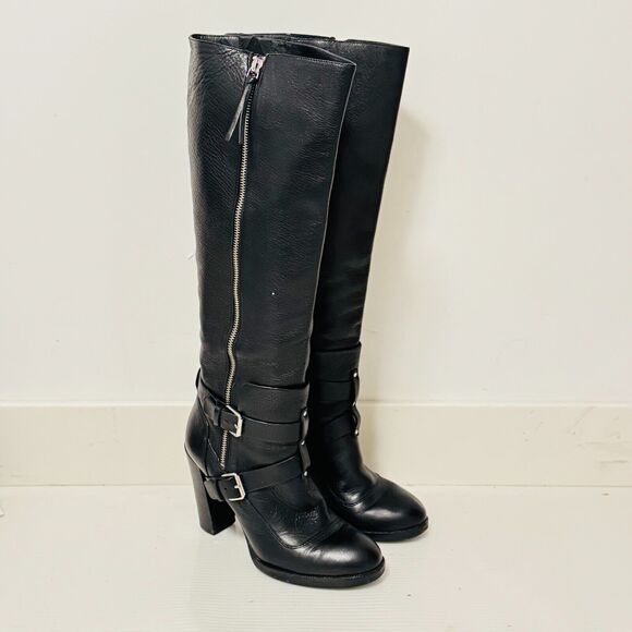 Rebecca Minkoff Boots Womens 8.5 Black Leather Moto Double Buckle Heels Billie - Picture 2 of 12